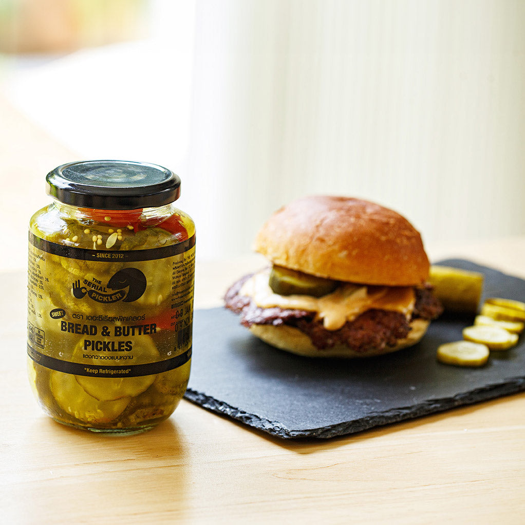 Pickles jar and burger